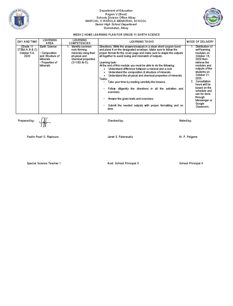 Week 2 home learning plan for grade 11 earth science pdf