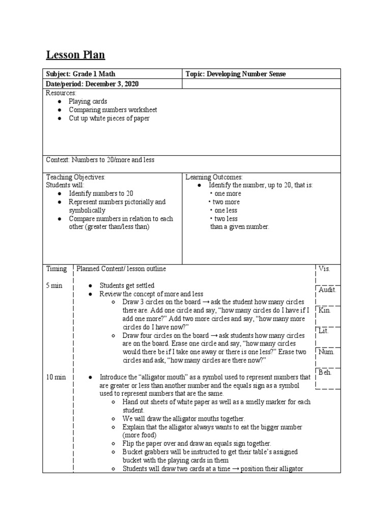 Lesson Plan: Subject: Grade 1 Math Topic: Developing Number Sense Date ...