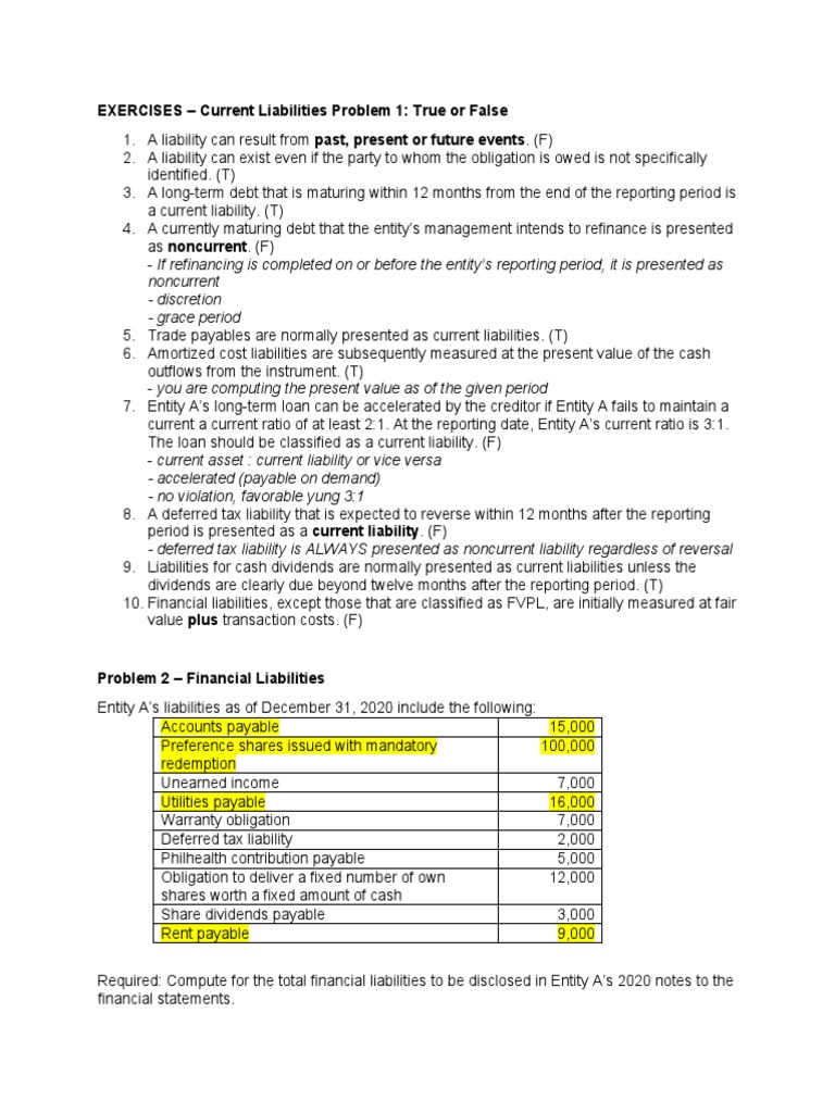 Current Liabilities Analysis and Exercises | PDF | Current Liability ...