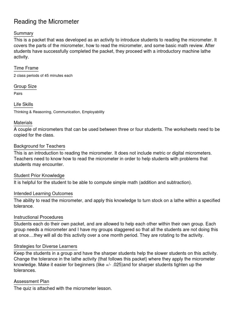 Reading The Micrometer: 2 Class Periods of 45 Minutes Each | PDF ...