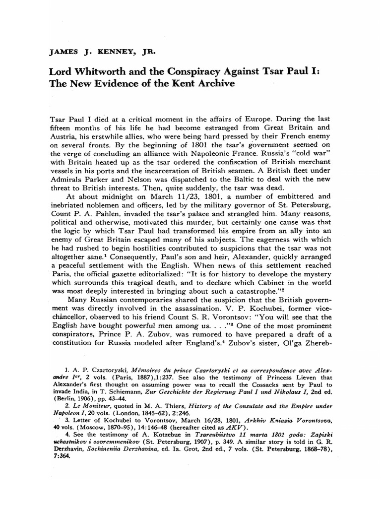 Kenney, James J. (1977) Lord whitworth and the conspiracy against tsar Paul I. The new evidence of the Kent archive | Russian Empire