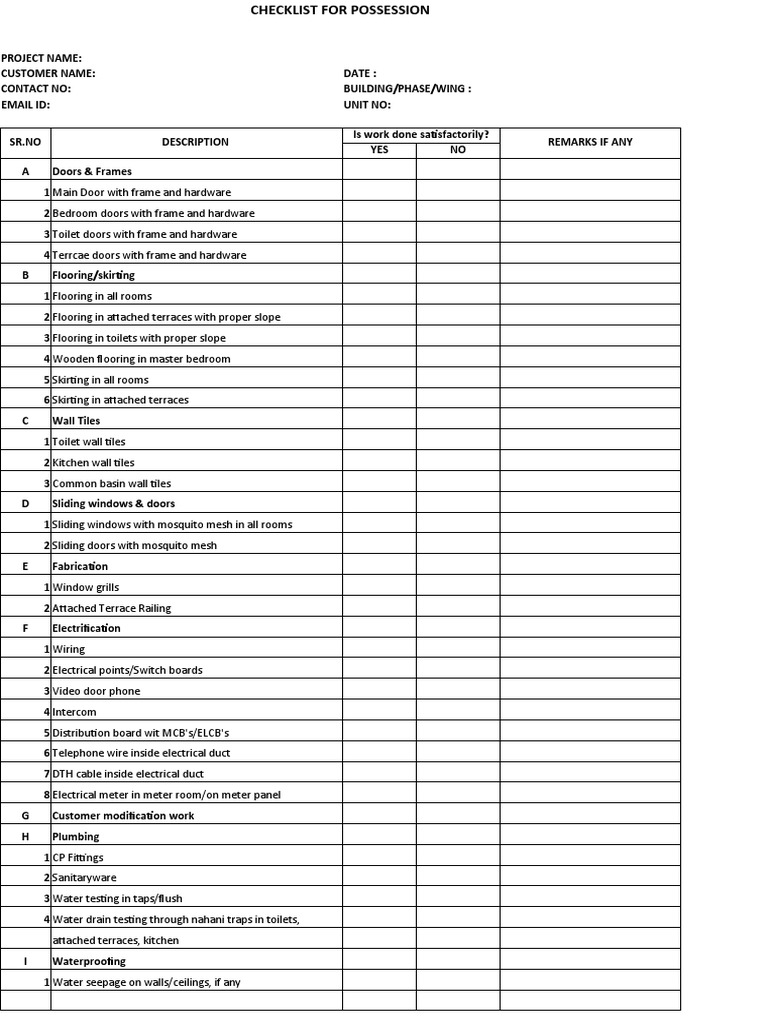 Checklist For Possession | PDF | Door | Toilet