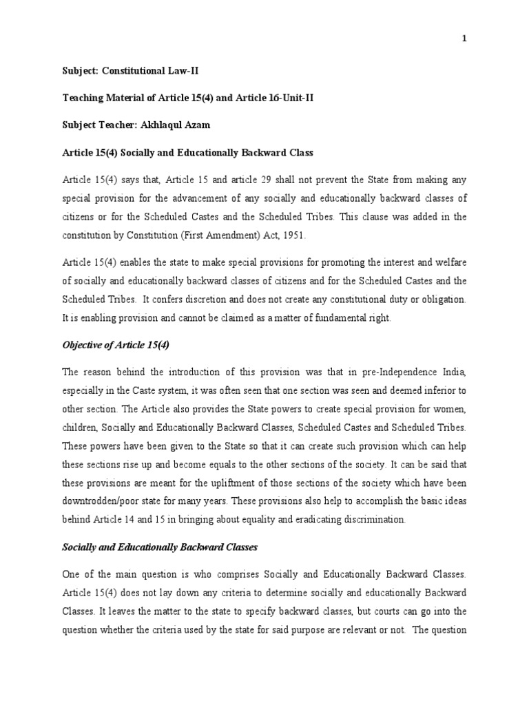 Article 15 (4) of The Constitution in Detail PDF Social Inequality Discrimination & Race