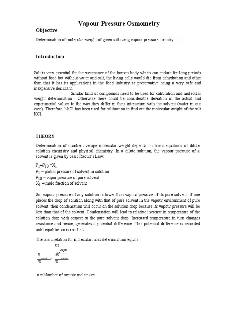 Osmometry Manual PDF Molecular Mass Solution