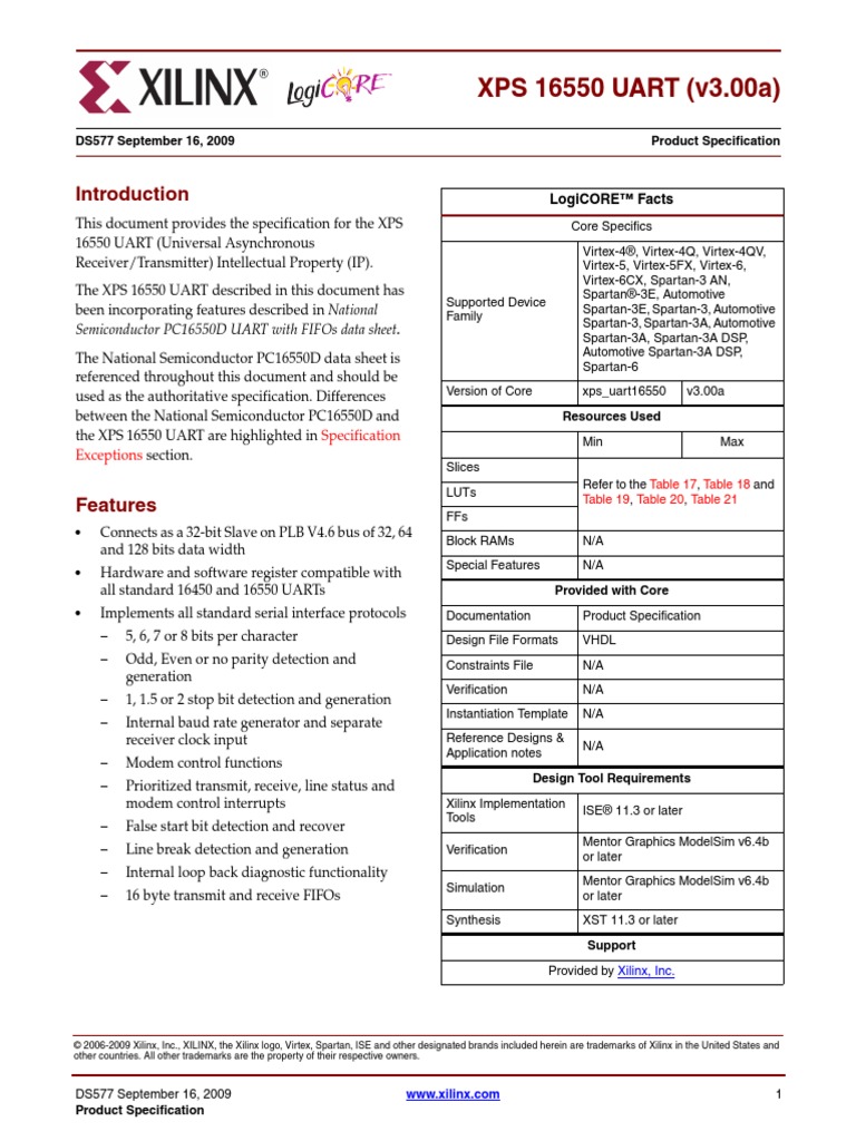 XPS 16550 UART (V3.00a) : DS577 September 16, 2009 Product ...