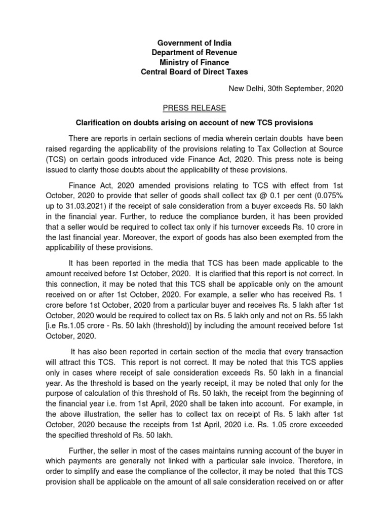 Press Release Clarification On Doubts Arising On Account of New TCS