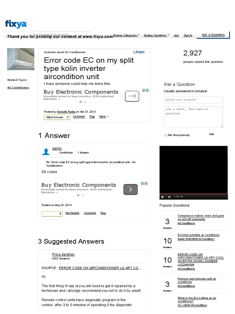 Error Code Ec On My Split Type Kolin Inverter Aircondition Fixya Air Conditioning Equipment