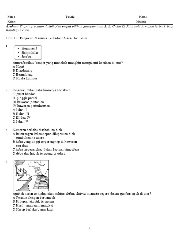 Latihan Geo Ting 1 Unit 11 Pengaruh Manusia Terhadap Cuaca Dan Iklim Pdf