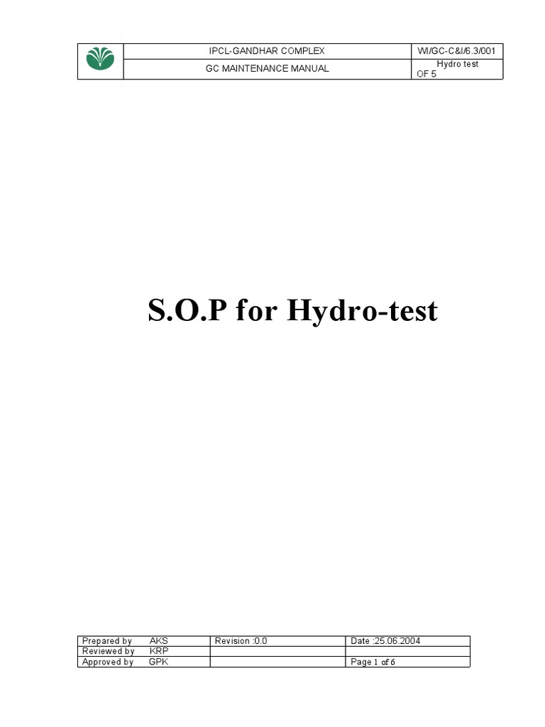 S.O.P For HydroTest IpclGandhar Complex WI/GCC&I/6.3/001 GC