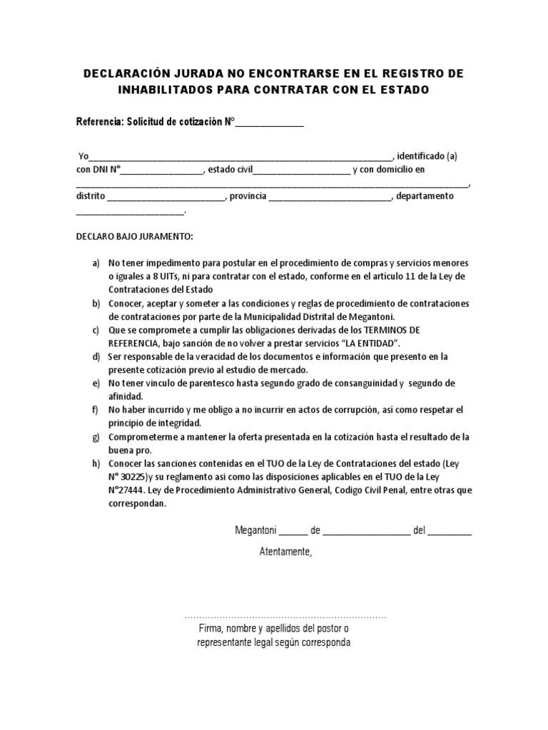 Declaración Jurada No Encontrarse en El Registro de Inhabilitados para ...