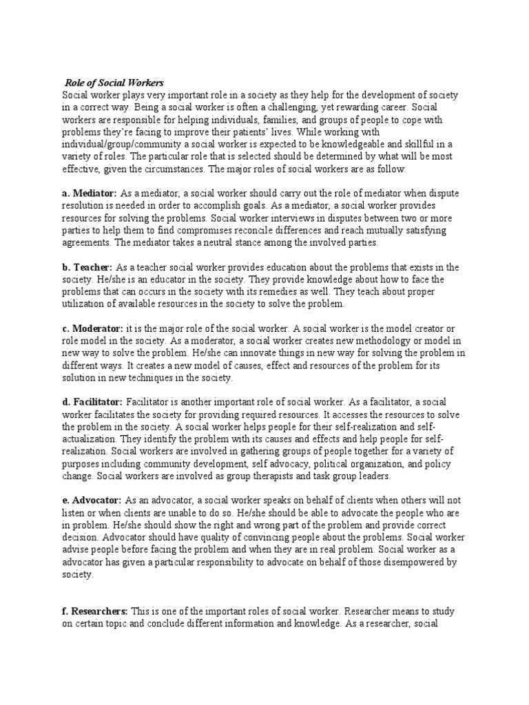 Roles of Social Worker and Objectives of Social Work PDF Social