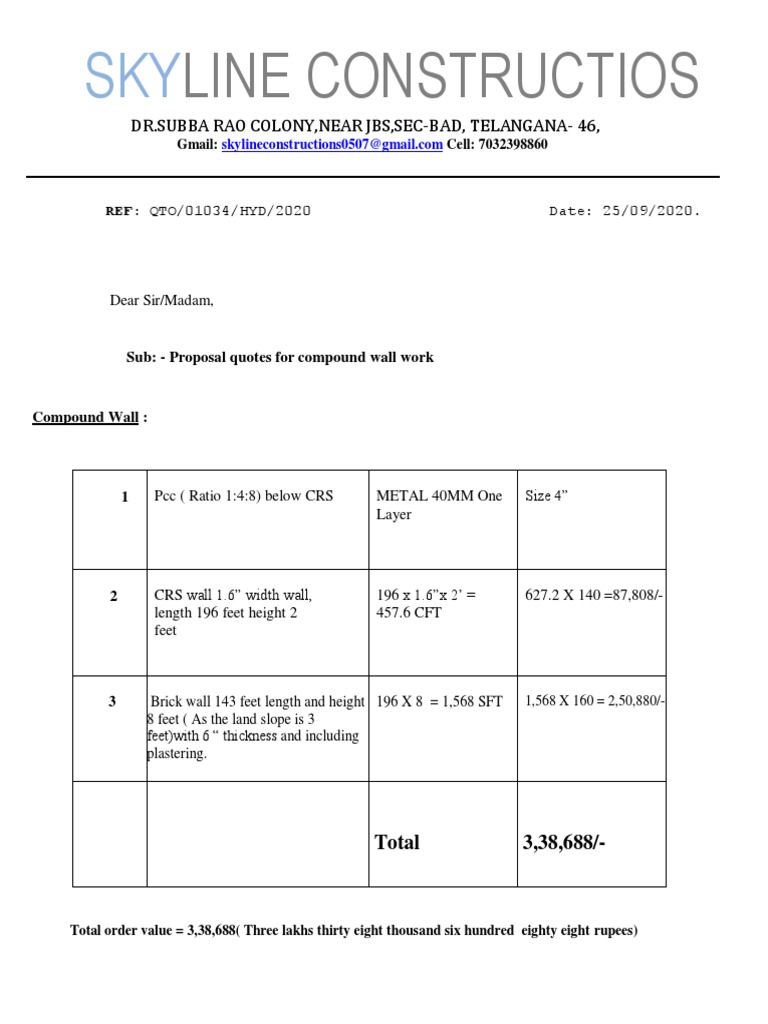 Compound Wall Quotation Proposal | PDF | Technology & Engineering