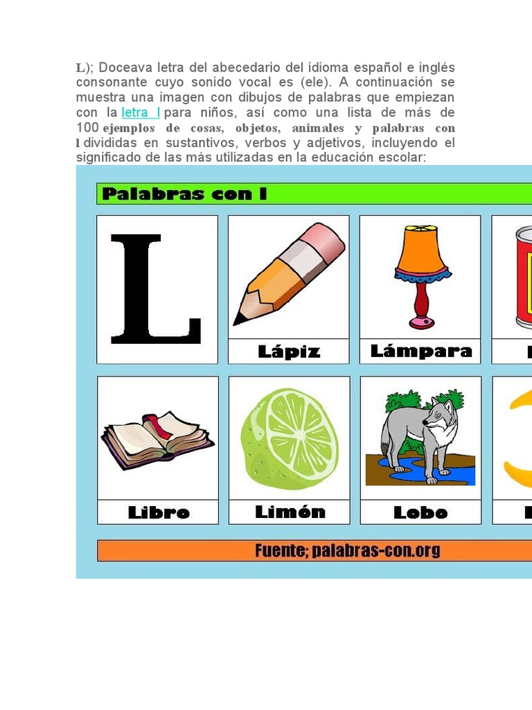 Letra L: L) Doceava Letra Del Abecedario Del Idioma Español e Inglés | PDF