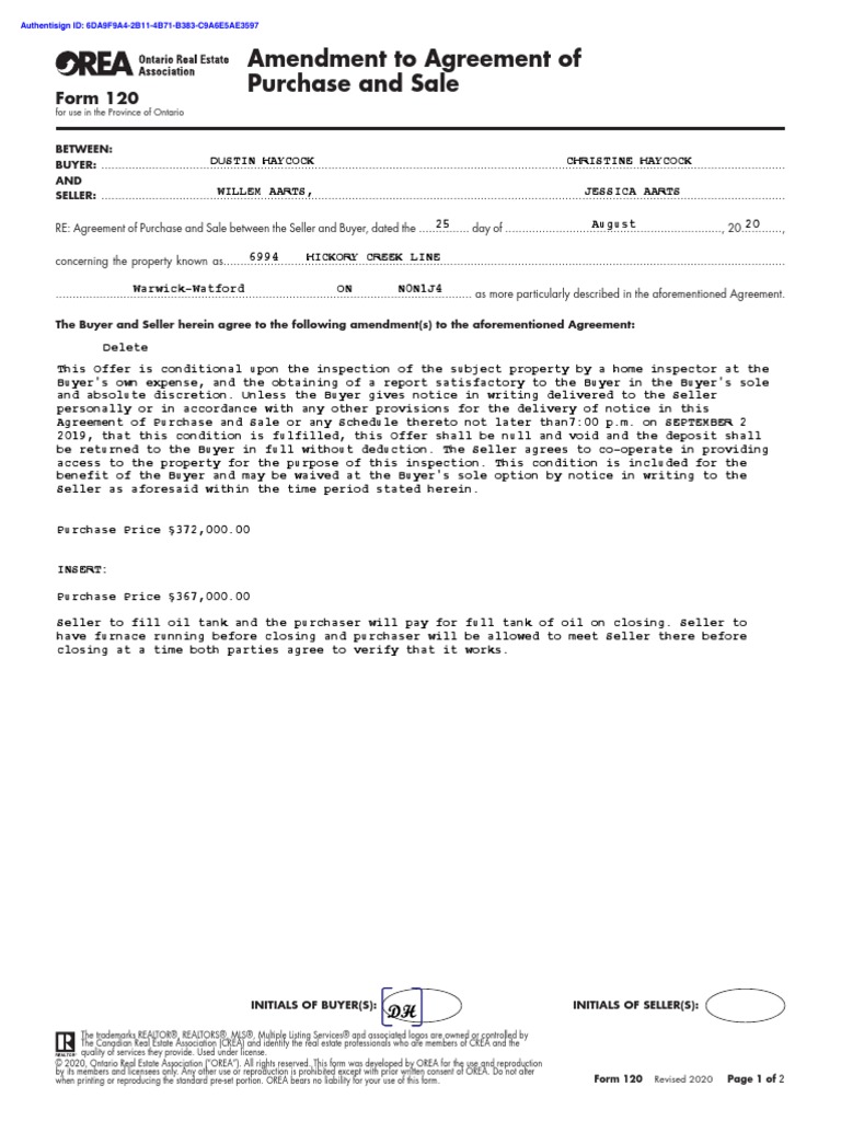 Amendment To Agreement of Purchase and Sale Form 120 PDF Real