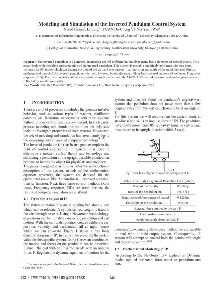 Modeling and Simulation of The Inverted Pendulum Control System | PDF ...
