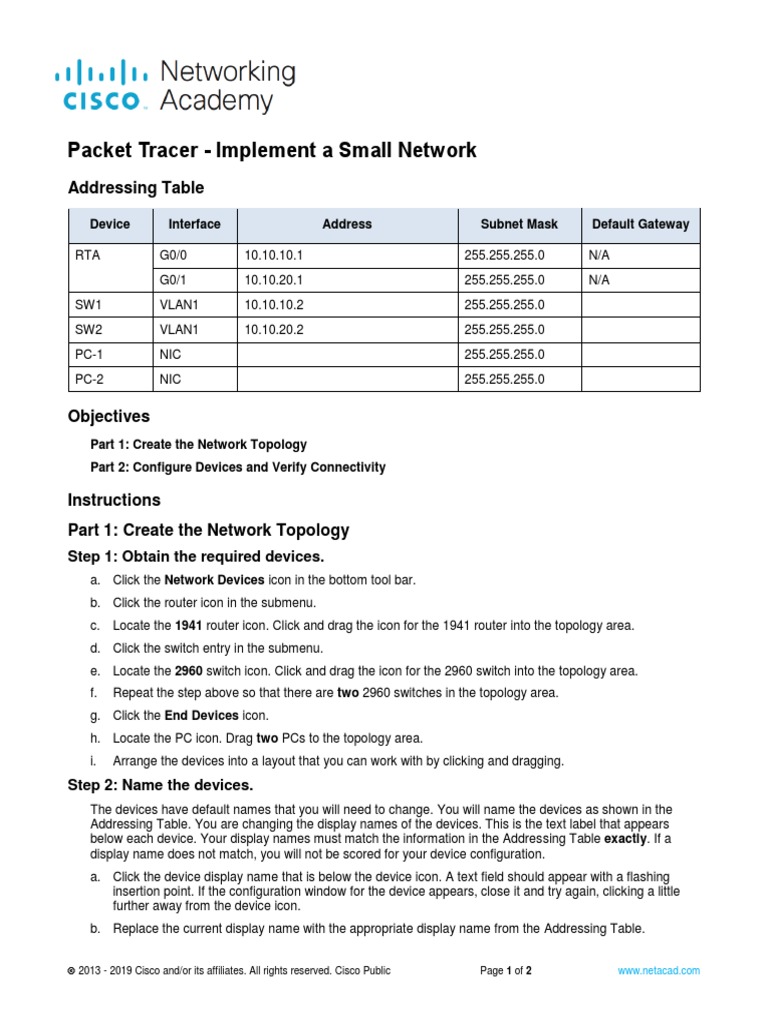 Packet Tracer - Implement A Small Network: Addressing Table | PDF ...
