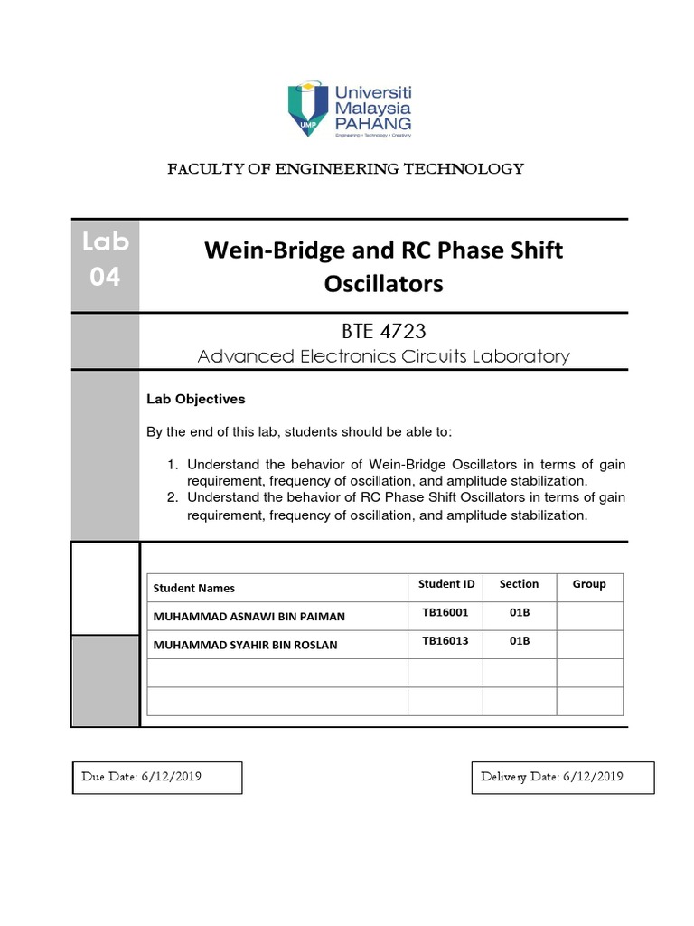 Wein Bridge and RC Phase Shift Lab | PDF | Electronic Oscillator ...