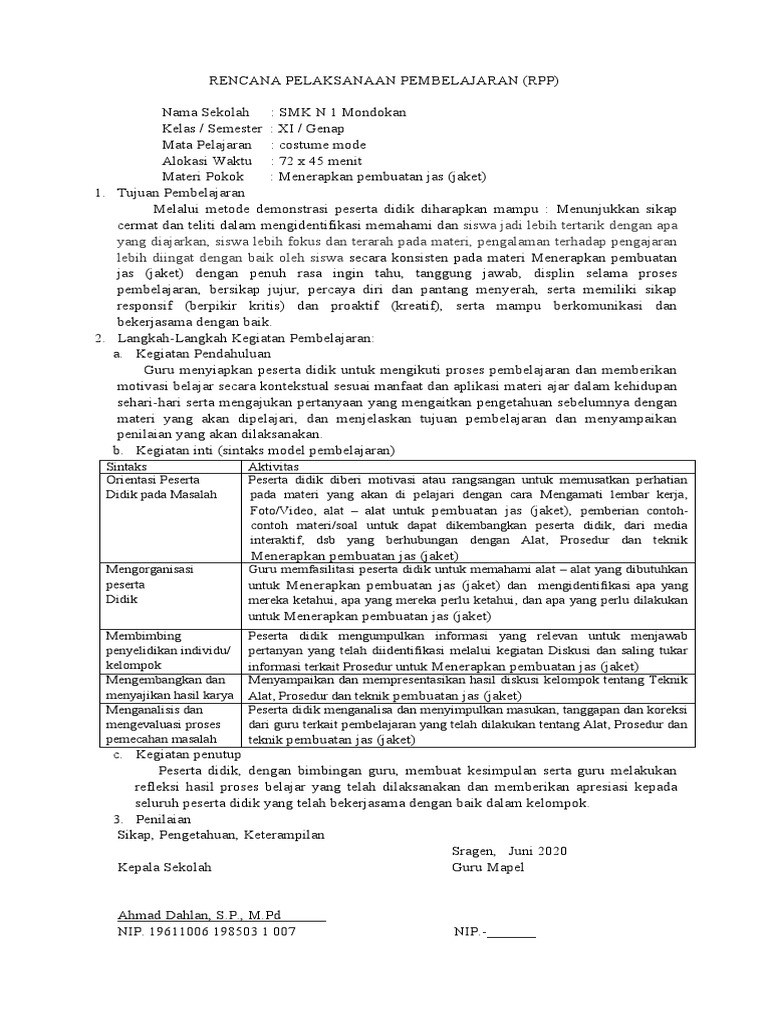 RPP Pembuatan Jas dan Gaun SMK | PDF