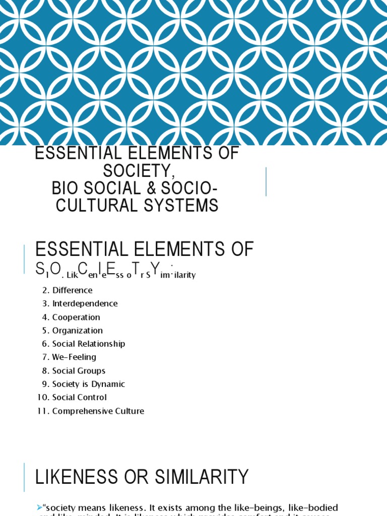 Essential Elements of Society Biosocialsocioculturalsystems | PDF ...