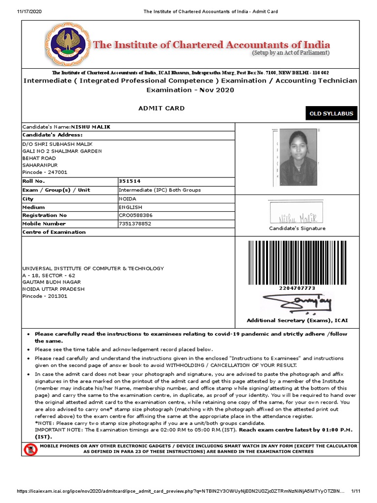 The Institute of Chartered Accountants of India Admit Card PDF PDF
