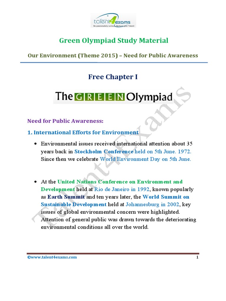 Green Olympiad Study Material: Free Chapter I | PDF | Sustainability ...