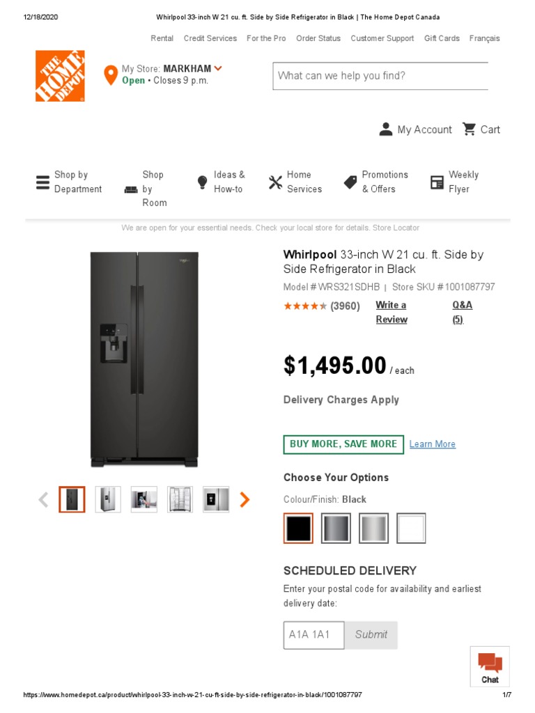 Whirlpool 33Inch W 21 Cu. Ft. Side by Side Refrigerator in Black The