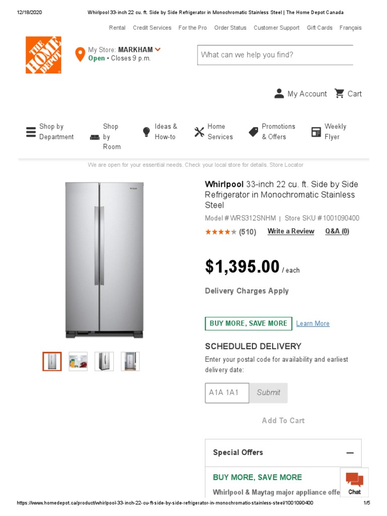 Whirlpool 33Inch 22 Cu. Ft. Side by Side Refrigerator in Monochromatic