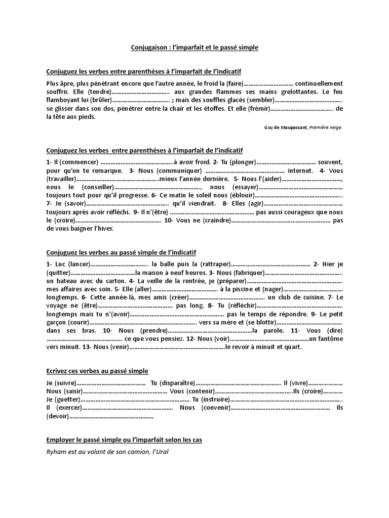 Exercices Passé Simple 4ème à Imprimer Exercices Conjugaison Imparfait Et Passe Simple | PDF