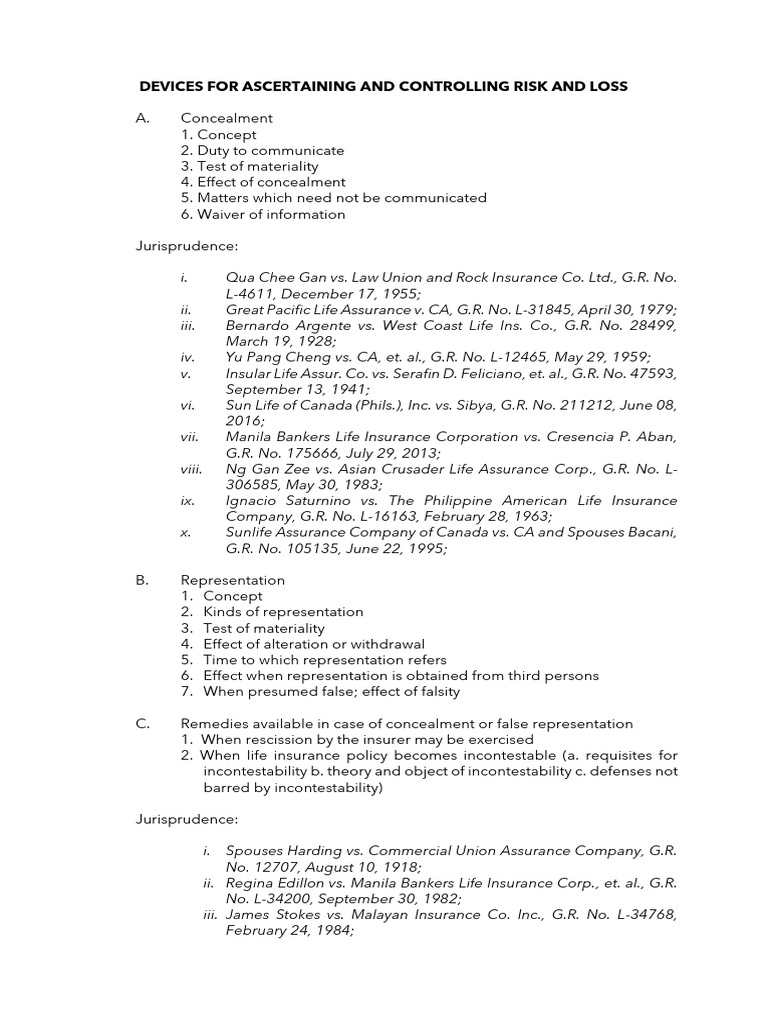 Principles of Insurance Law Concealment, Representation, Warranties