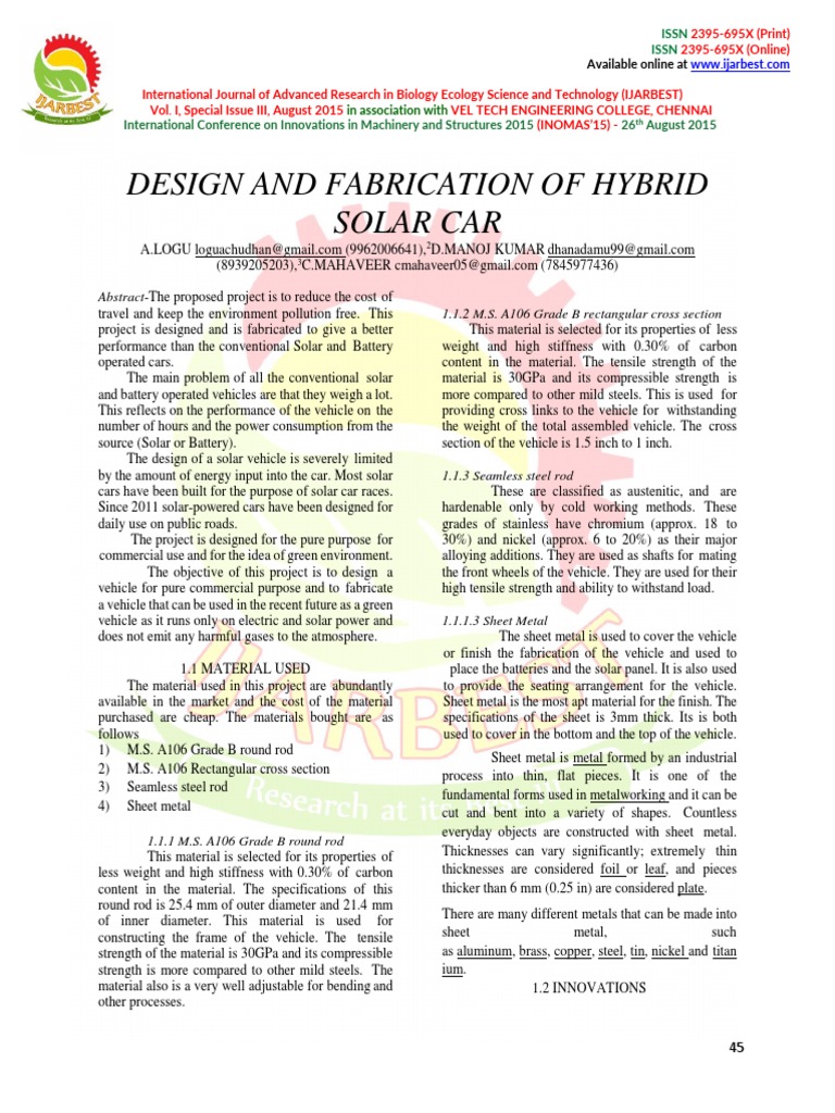 Design and Fabrication of Hybrid Solar Car | PDF | Electric Motor ...