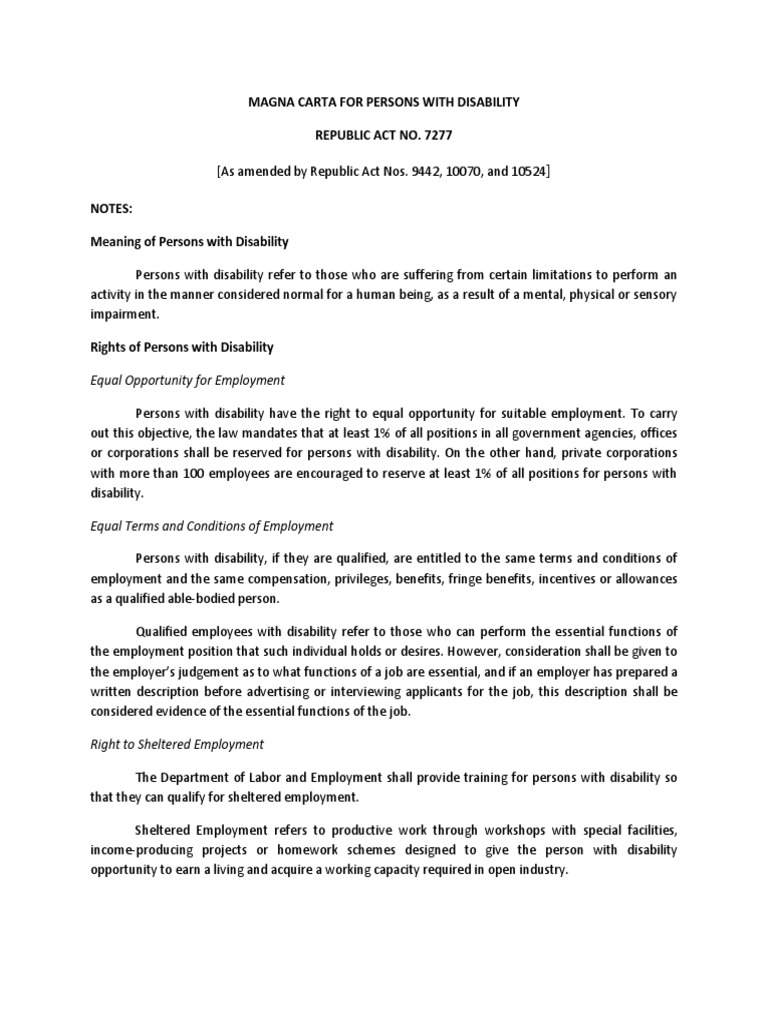 Magna Carta For Persons With Disability Republic Act No. 7277 | PDF ...
