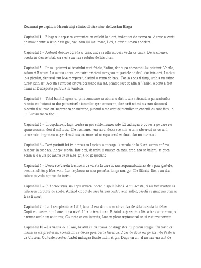 Rezumat Hronicul Si Cantecul Varstelor Rezumat Pe Capitole Hronicul Și Cântecul Vârstelor de Lucian Blaga | PDF