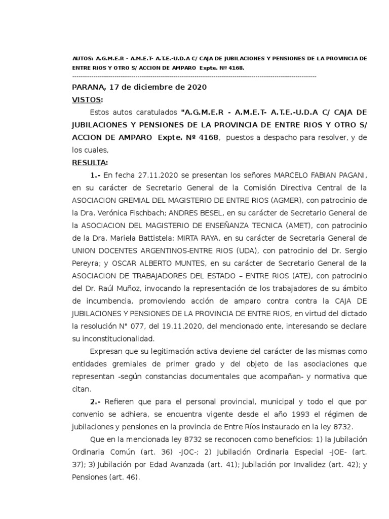 Amparo contra Caja de Jubilaciones Entre Ríos | PDF | Caso de ley ...