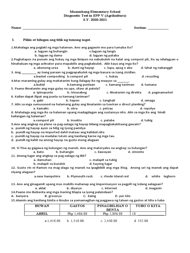 Diagnostic Test EPP 5 Agriculture 2020 2021.... | PDF