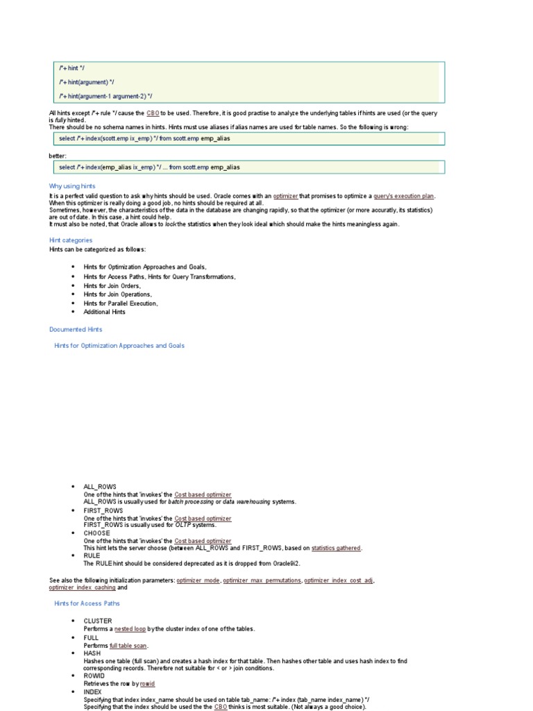 Hints in Oracle PDF | PDF | Database Index | Table (Database)