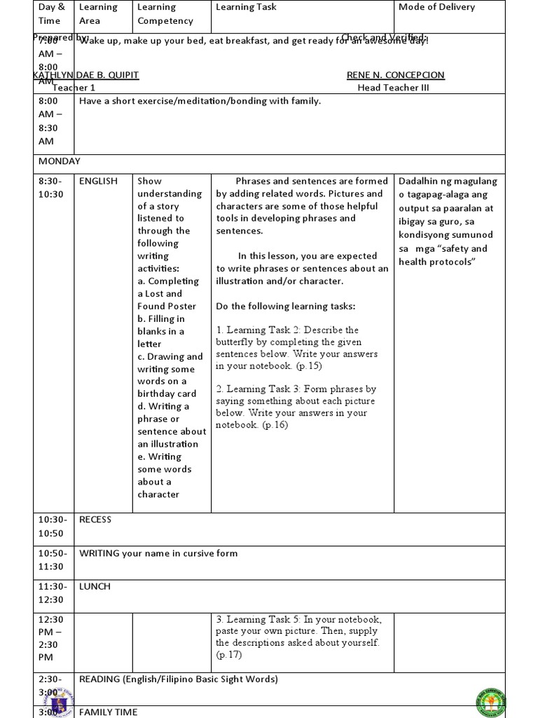Daily Learning Schedule and Tasks | PDF | Cognition | Learning