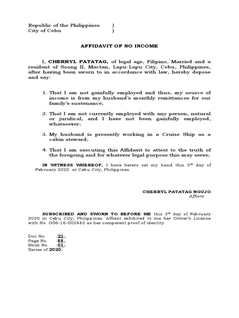 Affidavit of No Income - Philippines Sample | PDF | Finance & Money ...