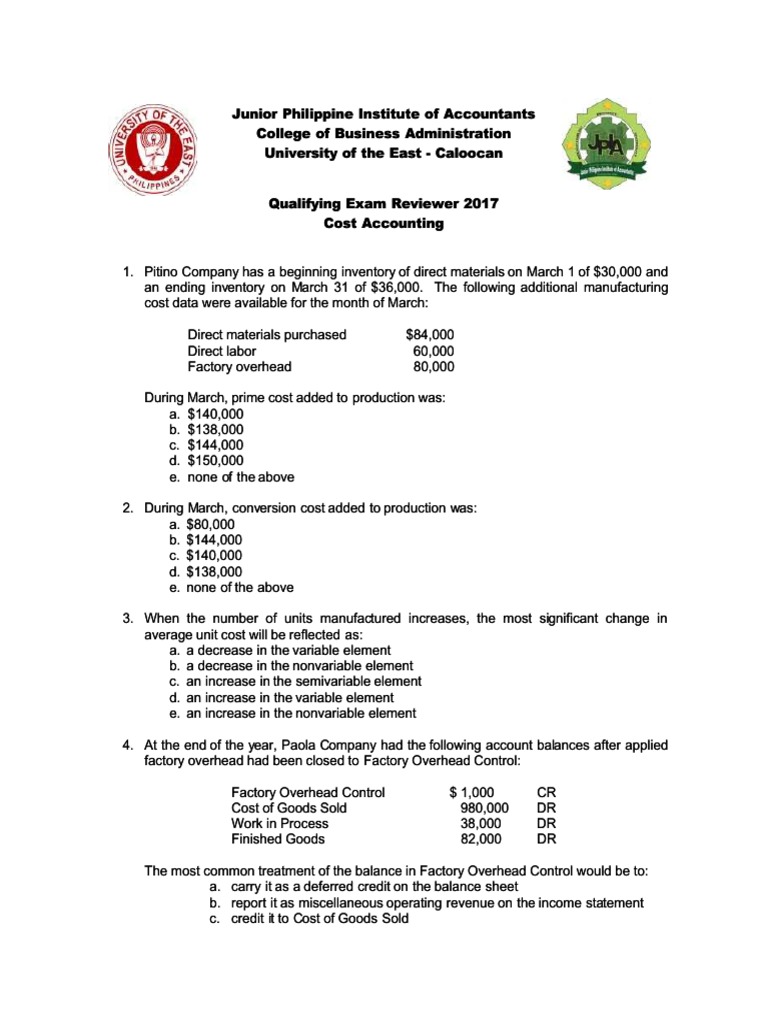 Cost Accounting Exam Prep Guide | PDF | Cost Of Goods Sold | Inventory
