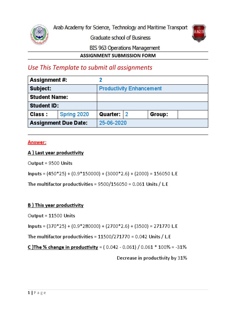 Use This Template To Submit All Assignments: Assignment Submission Form ...