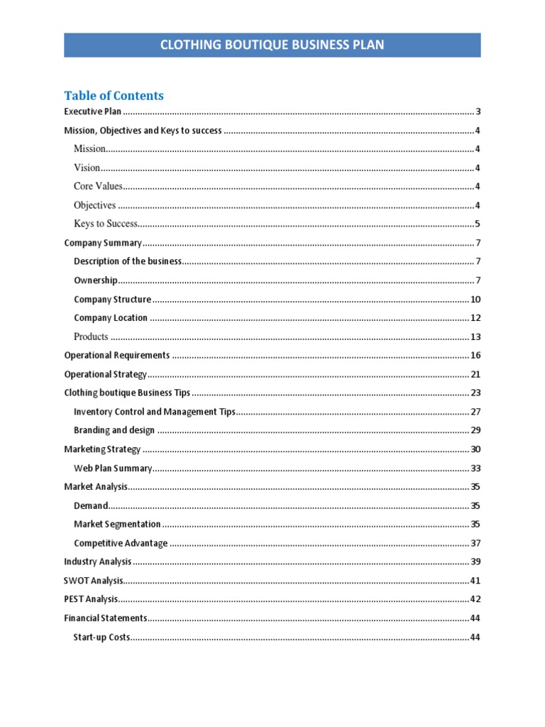 Contents Table Clothing Boutique Business Plan PDF Pro Forma
