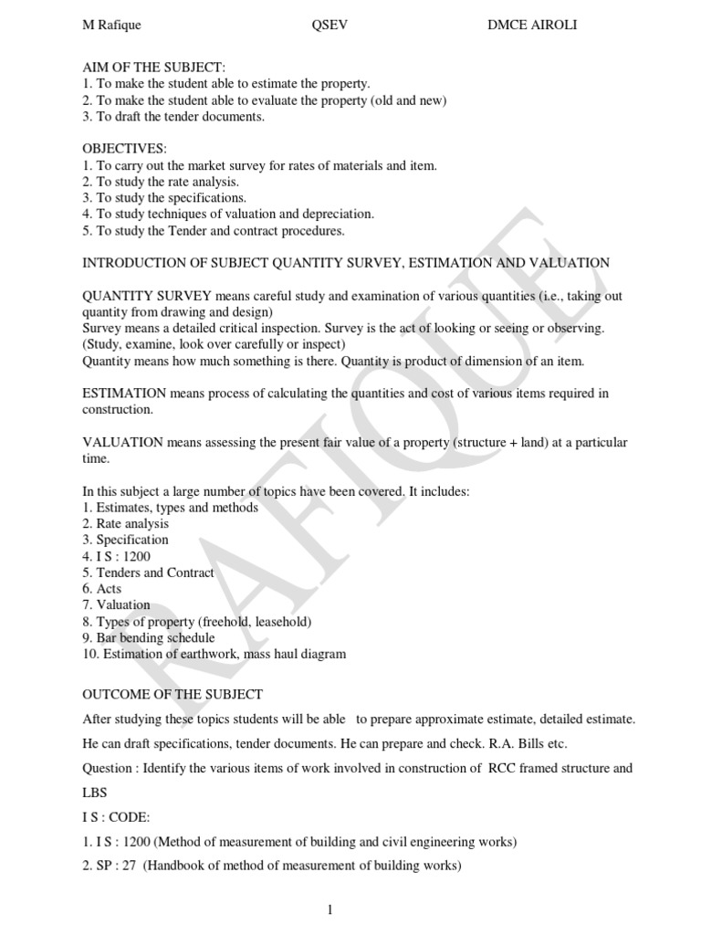 Quantity Surveying Estimation and Valuation | PDF | Specification