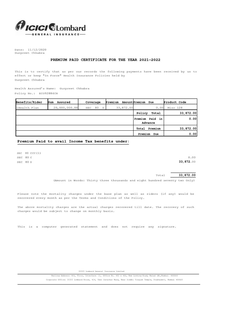 Premium Paid Certificate For The Year 20212022 PDF Financial Risk