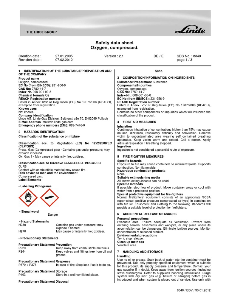 Oxygen SDS Compressed Gas Linde EU Format HiQ Jan 2011 tcm89995004 PDF Firefighting Valve