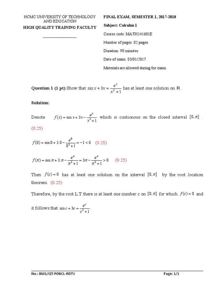 Final Exam: Calculus 1 Solutions | PDF | Derivative | Ordinary ...