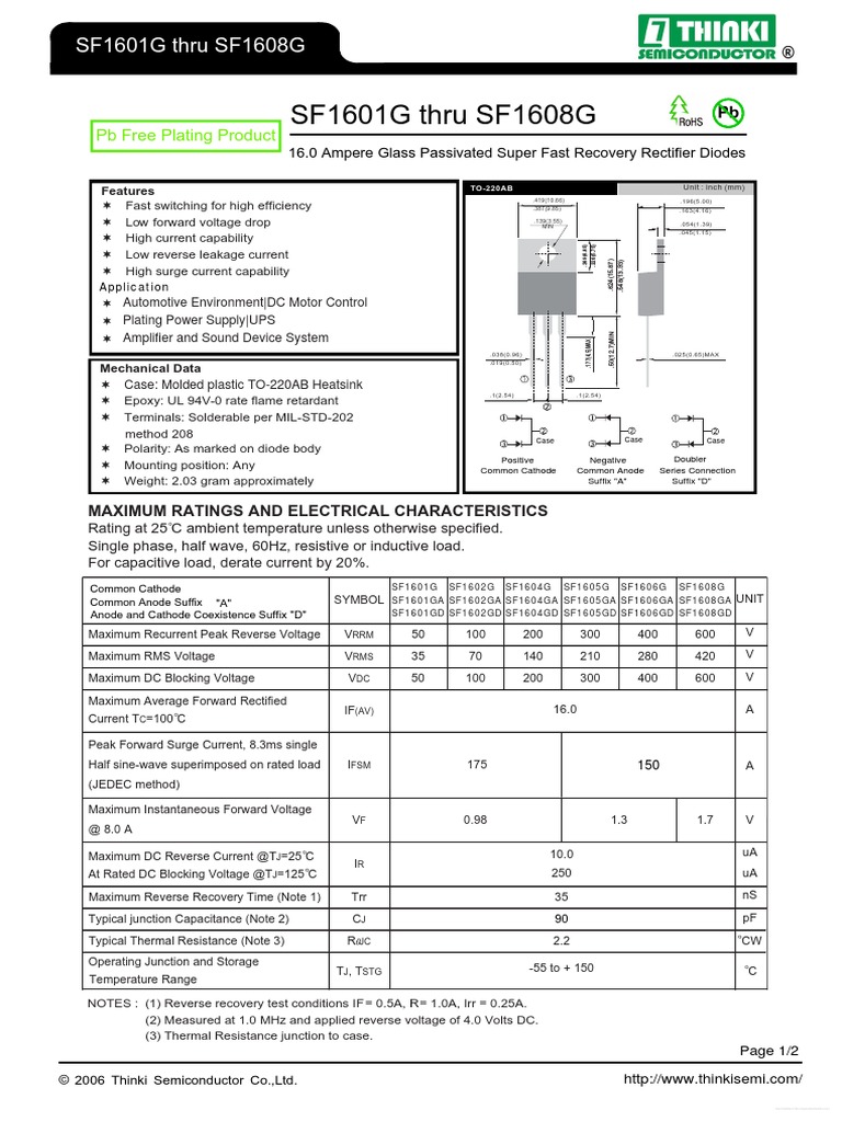 SF1601G ThinkiSemiconductor | PDF | Diode | Rectifier