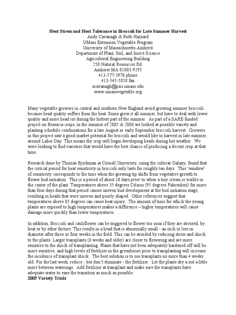 Heat Stress and Heat Tolerance in Broccoli For Late Summer Harvest PDF Boron Soil