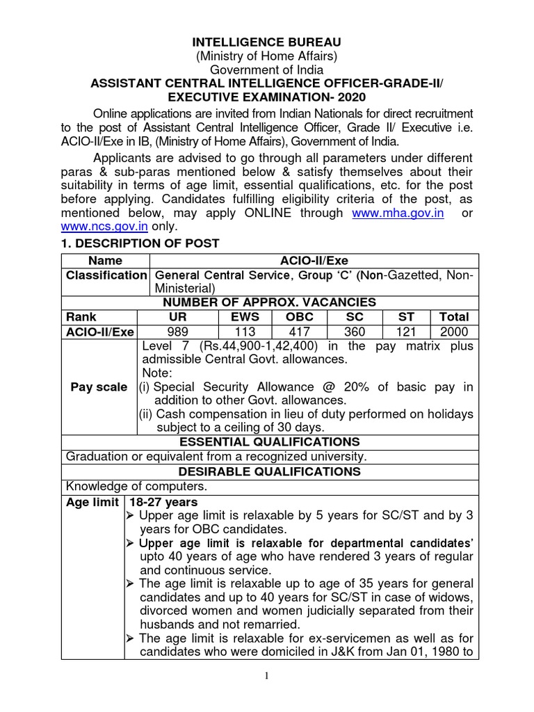 Notification IB ACIO Posts PDF Magistrate Test (Assessment)
