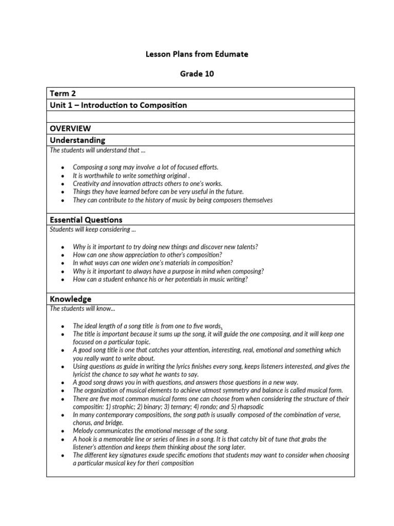 Grade 10 Composition Lesson Plans | PDF | Musical Forms | Musical ...