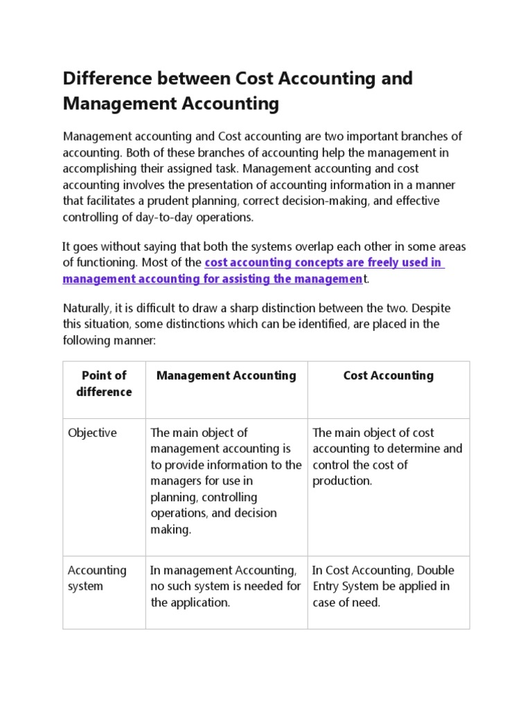 Difference Between Cost Accounting and Management Accounting PDF
