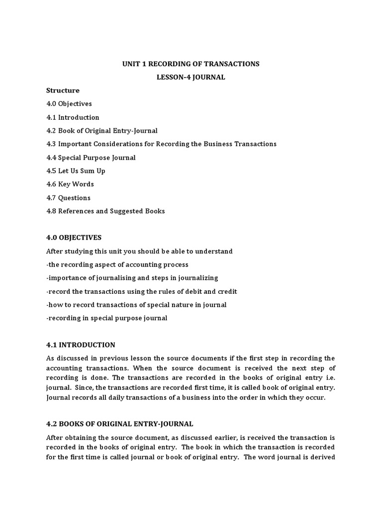 Unit 1 Recording of Transactions Lesson-4 Journal Structure | PDF ...